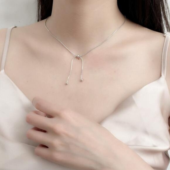 925 Silver Snake Chain Adjustable Bead Necklace - Picture 6 of 8